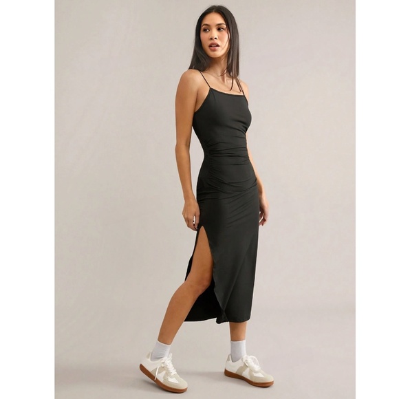 Twisted Back Cami Spaghetti Strap Black Midi Dress High Leg Slit - Picture 5 of 16